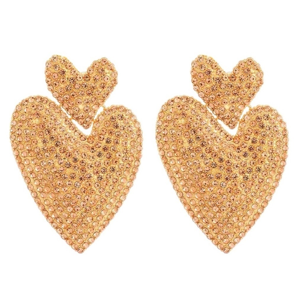 Statement Heart Earrings | Gold-Tone Rhinestone Drop Dangles - Picture 4 of 10